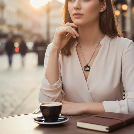 Collana Tempo A Tempo 2Jewels con pendente Bilancia in acciaio PVD nero e diamante indossata da una donna al bar