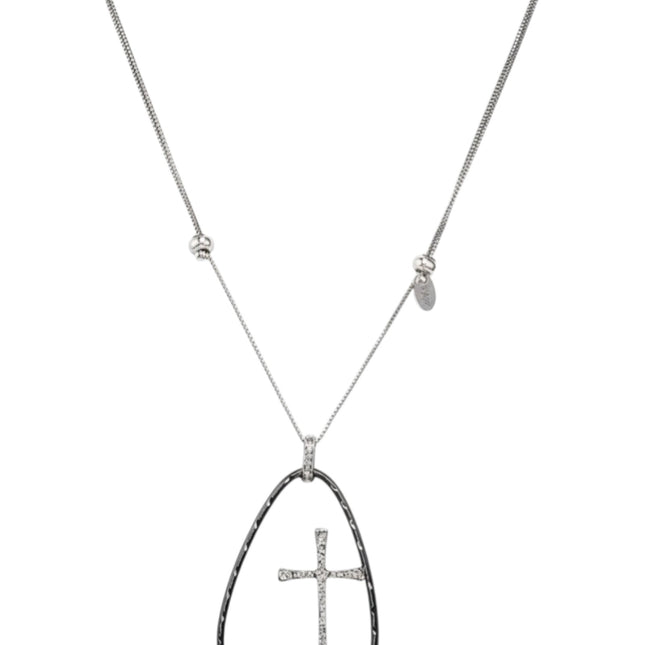 Collana Tempo A Tempo Amen in argento 925 con pendente a forma di croce bicolore rodio e rutenio, design elegante.