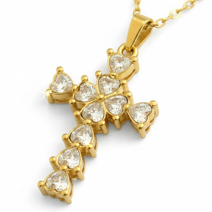 Collana Tempo A Tempo in acciaio dorato con ciondolo a forma di croce composto da luminosi cristalli a cuore.