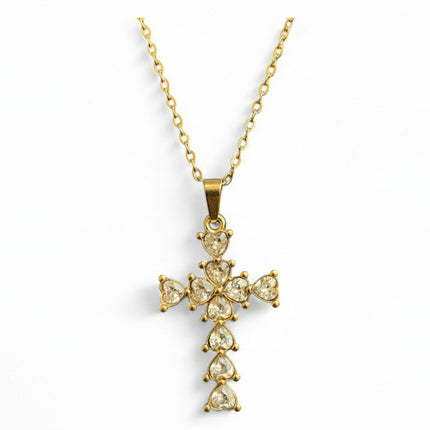 Collana Tempo A Tempo in acciaio dorato con ciondolo a forma di croce decorato da luminosi cristalli a cuore