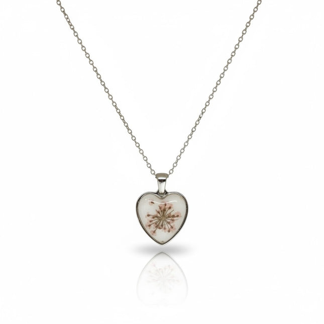 Collana Tempo A Tempo in acciaio inossidabile con ciondolo a cuore smaltato e fiore pressato all'interno
