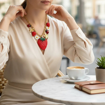 Tempo A Tempo Collana donna con ciondolo fragola rossa e margherite bianche, catena dorata in resina smaltata. Stile pop.