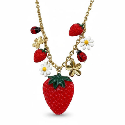 Tempo A Tempo Collana donna con ciondolo fragola grande, fragoline, margherite e coccinelle su catena gold.