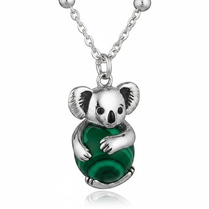 Collana LIU JO lunga in acciaio con ciondolo koala e pietra verde malachite, 75 cm, LJ1625