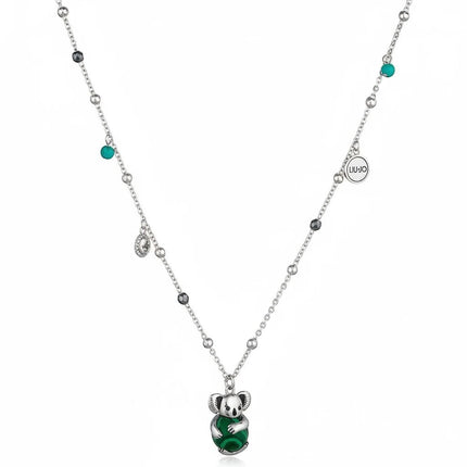 Collana lunga LIU JO in acciaio con ciondolo koala verde e cristalli colorati, 75 cm