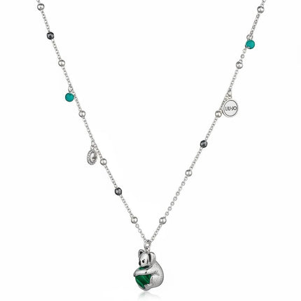 Collana lunga LIU JO in acciaio con ciondolo koala e pietre verdi e nere. Lunghezza 75 cm.