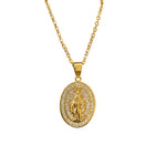 Tempo A Tempo collana da donna in acciaio dorato con ciondolo ovale Madonna Miracolosa tempestato di zirconi bianchi, catena 45cm.