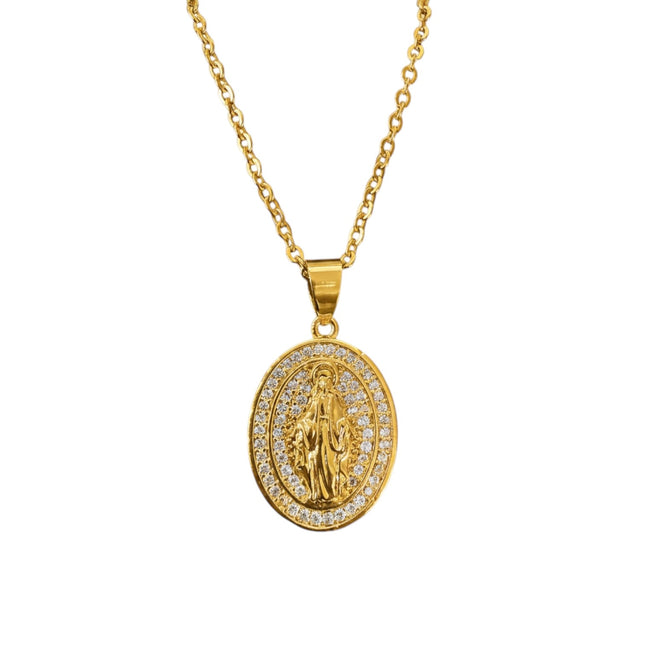 Tempo A Tempo collana da donna in acciaio dorato con ciondolo ovale Madonna Miracolosa tempestato di zirconi bianchi, catena 45cm.
