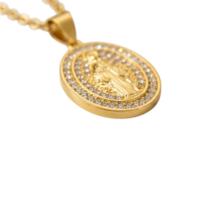 Tempo A Tempo collana da donna in acciaio dorato con ciondolo ovale Madonna Miracolosa tempestato di zirconi bianchi, catena 45cm.