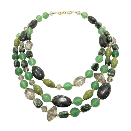 Tempo A Tempo Collana girocollo multifilo verde con pietre naturali, perle di plastica e cristalli sfaccettati.