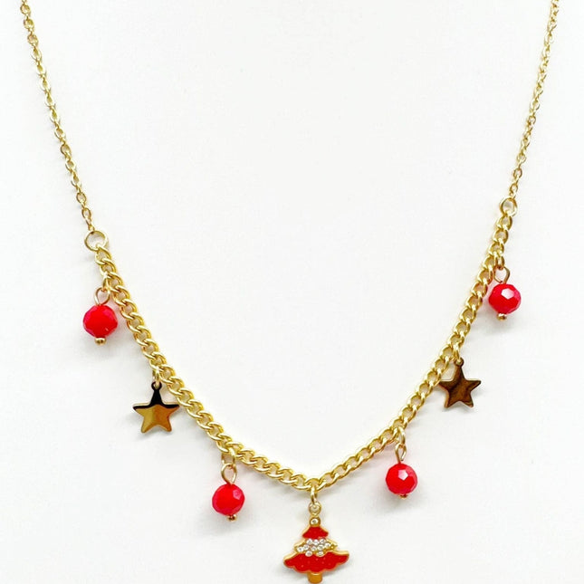 Collana donna natalizia dorata con ciondolo albero stelle e perline rosse
