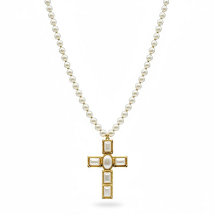 Tempo A Tempo collana con perle bianche sintetiche, ciondolo a croce dorata con madreperla, lunghezza 55 cm.