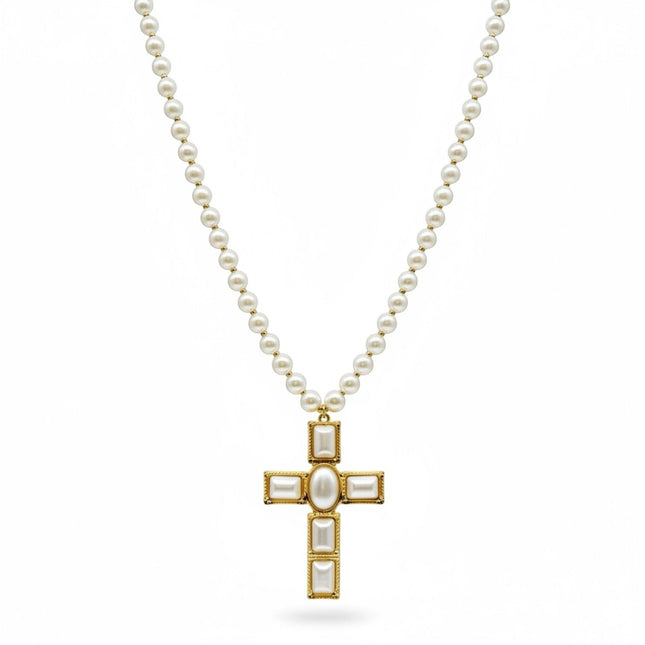 Tempo A Tempo collana con perle bianche sintetiche, ciondolo a croce dorata con madreperla, lunghezza 55 cm.