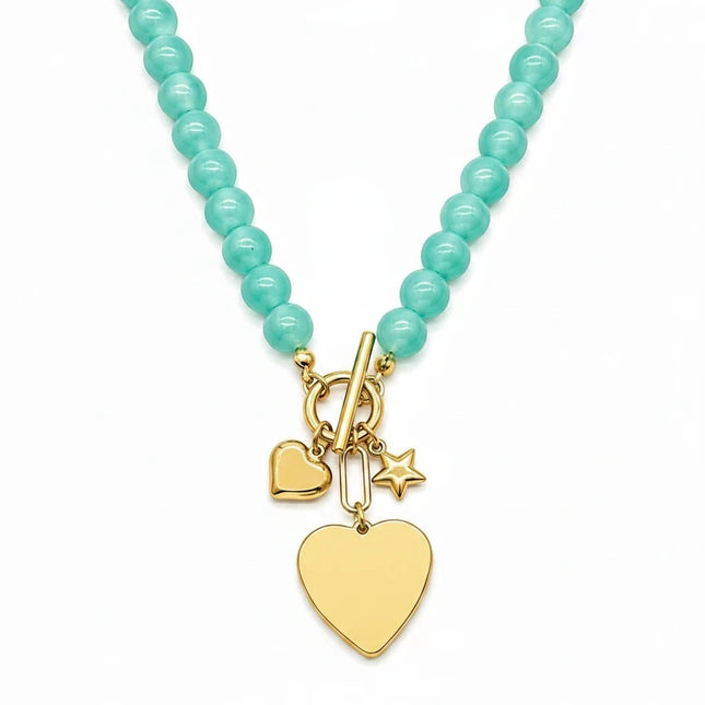 Collana Tempo A Tempo in acciaio dorato con perline resina verde tiffany e ciondoli a forma di cuore e stella