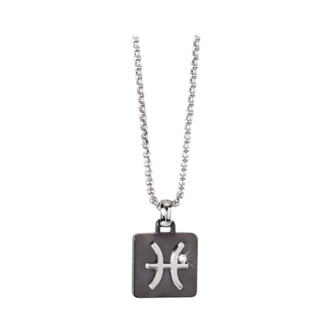 Collana uomo Tempo A Tempo 2Jewels in acciaio PVD nero con pendente segno zodiacale Pesci e diamante incastonato