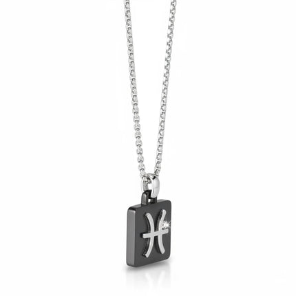 Collana uomo Tempo A Tempo 2Jewels in acciaio PVD nero con pendente segno zodiacale Pesci e diamante incastonato