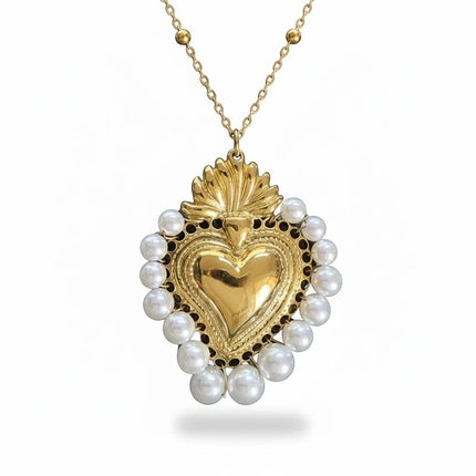 Collana da donna Tempo A Tempo Sacro Cuore in acciaio dorato con perle bianche e ciondolo a forma di cuore, 45cm