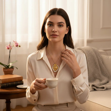 Collana da donna Tempo A Tempo con ciondolo Sacro Cuore dorato, perle bianche, catena 45cm in acciaio.