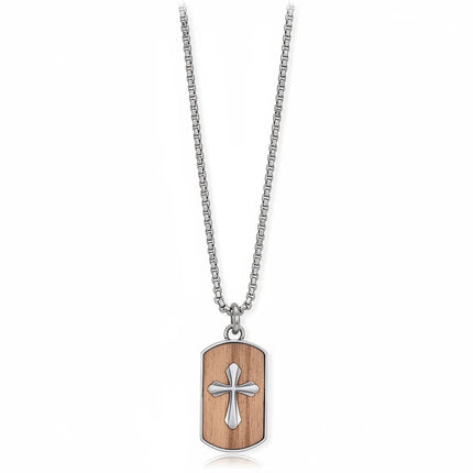 Collana uomo Tempo A Tempo 2Jewels in acciaio con piastrina e croce centrale su inserto effetto legno
