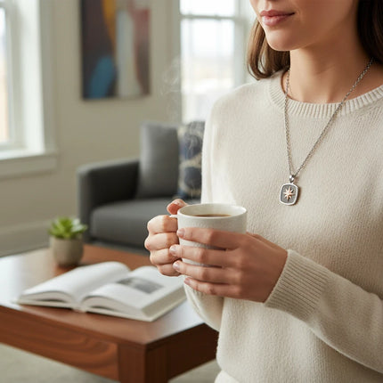 Collana uomo 2Jewels in acciaio con pendente quadrato e dettaglio PVD rose indossata da una donna con maglione beige