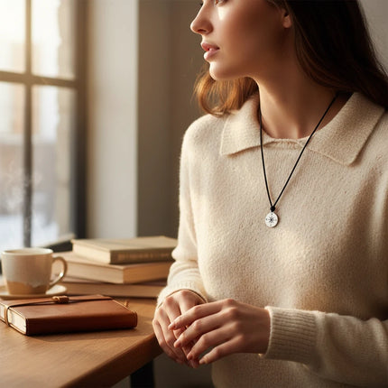 Collana uomo 2Jewels con pendente rosa dei venti in acciaio e cordino nero indossata da una donna vicino a una finestra
