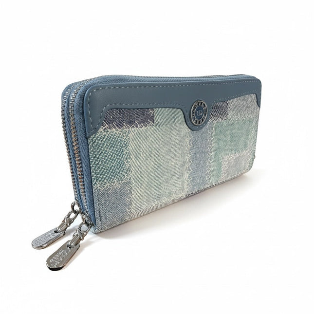 Tempo A Tempo Coveri women's wallet in blue denim patchwork fabric with double silver zip and faux leather trim
