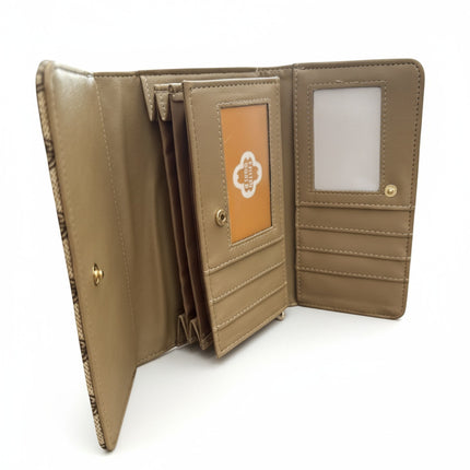 Tempo A Tempo beige trifold wallet by Coveri World with multiple card slots, ID window, and button closure.