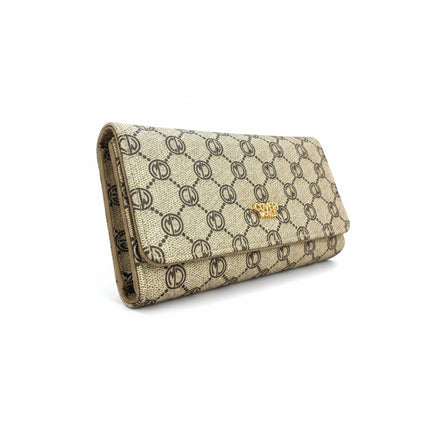 Tempo A Tempo beige trifold wallet by Coveri World with elegant monogram pattern and gold logo hardware