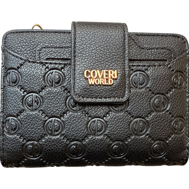 Tempo A Tempo Coveri World black compact wallet in embossed faux leather with gold logo and flap closure