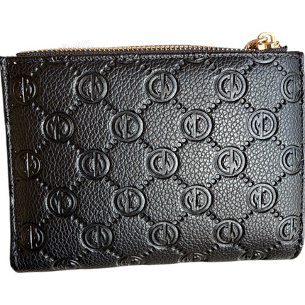 Tempo A Tempo Coveri World black compact wallet in embossed faux leather with repeating logo pattern and gold zipper
