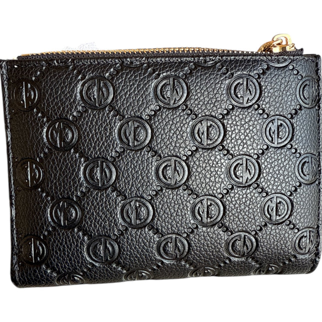 Tempo A Tempo Coveri World black compact wallet in embossed faux leather with repeating logo pattern and gold zipper