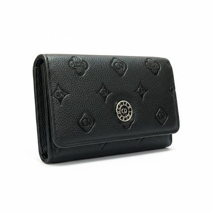 Tempo A Tempo black faux leather wallet by Coveri World with embossed monogram pattern and silver logo button closure