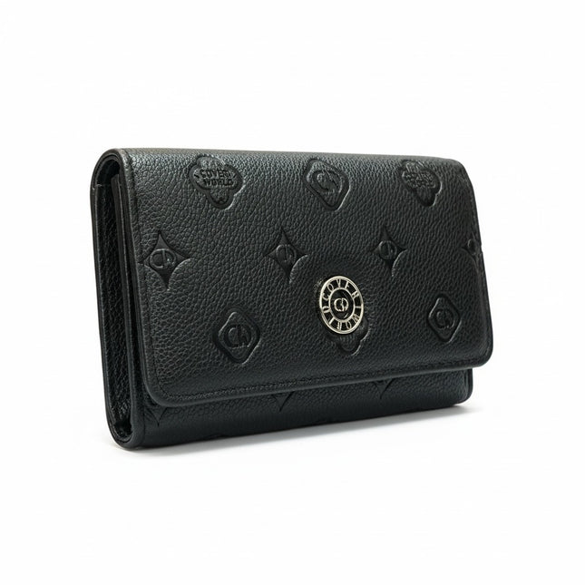 Tempo A Tempo black faux leather wallet by Coveri World with embossed monogram pattern and silver logo button closure