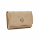 Tempo A Tempo Coveri World camel faux leather wallet with embossed monogram pattern and silver logo button closure