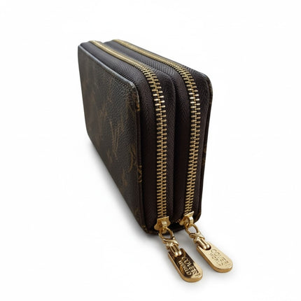 Tempo A Tempo Coveri World coffee brown faux leather wallet with monogram pattern and double gold zip closures