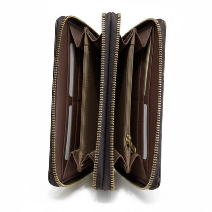 Tempo A Tempo Coveri World coffee brown faux leather wallet open with double zip compartments and card slots