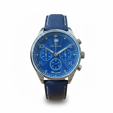 Cronografo uomo Tempo A Tempo LORENZ 30215BB con quadrante blu guilloché, cassa in acciaio 44mm e cinturino in pelle.