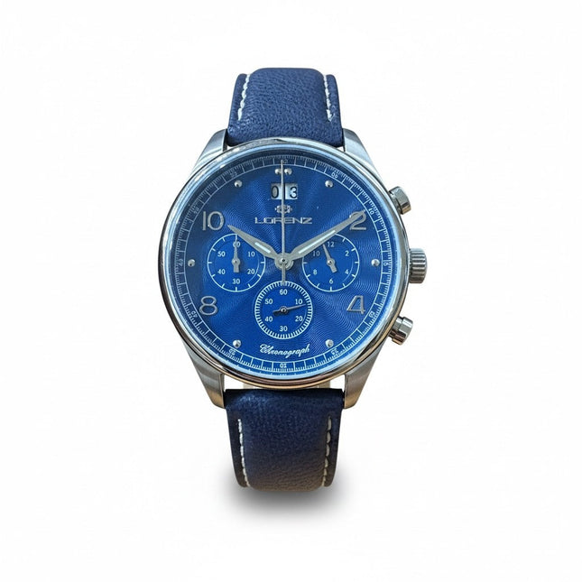 Cronografo uomo Tempo A Tempo LORENZ 30215BB con quadrante blu guilloché, cassa in acciaio 44mm e cinturino in pelle