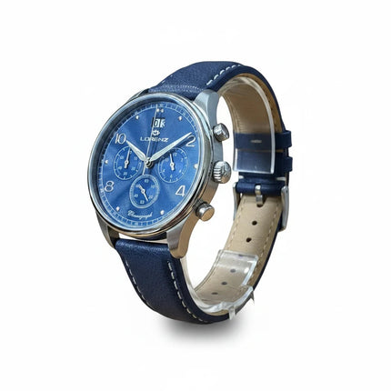 Cronografo Tempo A Tempo LORENZ 30215BB con cassa in acciaio 44mm, quadrante blu guilloché e cinturino in pelle blu.