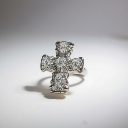 Tempo A Tempo silver-tone stainless steel women's ring size 15 with a detailed cross design featuring sparkling crystals.