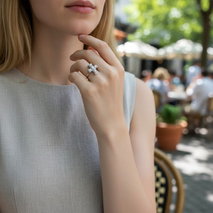Tempo A Tempo silver-tone stainless steel ring with a cross design featuring clear crystals. Size 15.