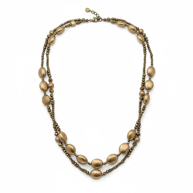 Tempo A Tempo elegant double-strand gold-tone metal necklace with oval and small round beads, 60cm length.