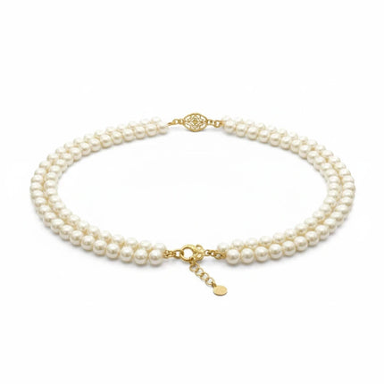 Tempo A Tempo Shelly double strand pearl necklace with gold baroque style clasp and extender chain