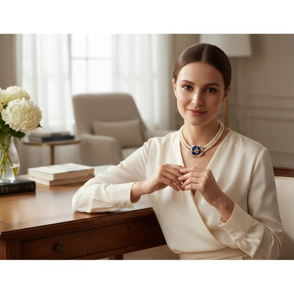Tempo A Tempo double-strand pearl necklace with a blue enamel flower pendant worn by a woman in a white blouse