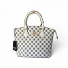 Tempo A Tempo white and grey ecopelle tote bag with CD monogram pattern and gold hardware.