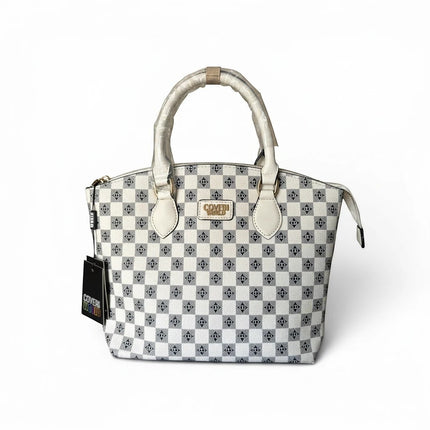 Tempo A Tempo white and grey ecopelle tote bag with CD monogram pattern and gold hardware.