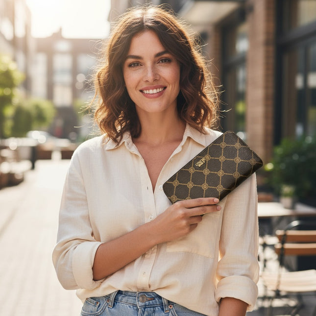 Tempo A Tempo woman holding a brown Enrico Coveri faux leather wallet with a geometric print and gold logo