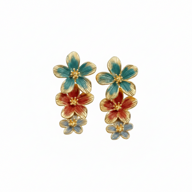 Tempo A Tempo gold floral dangle earrings with teal, coral, and blue enamel. 5cm length.