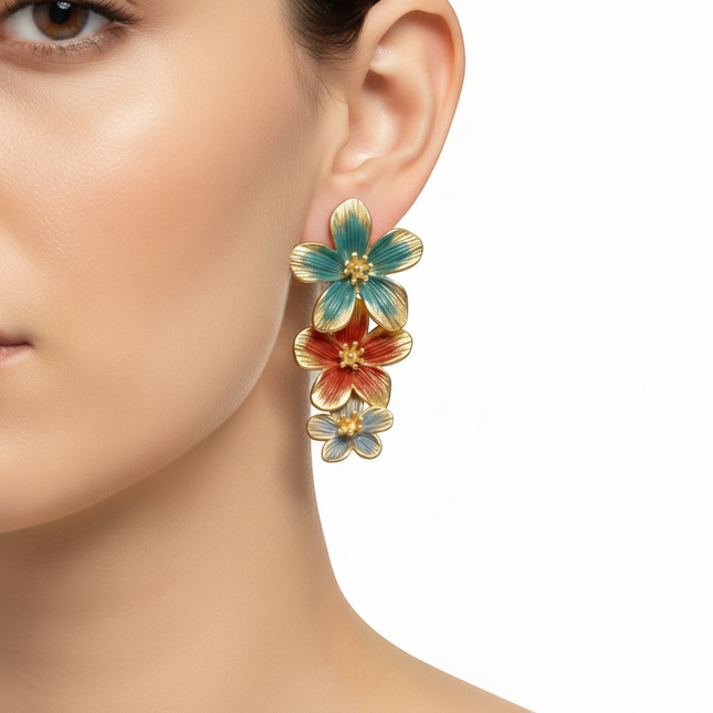 Tempo A Tempo floral drop earrings with teal, coral, and blue enamel on gold-tone metal.