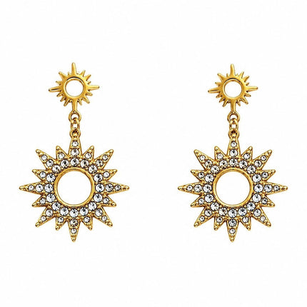 Tempo A Tempo gold celestial sun and star drop earrings with pavé rhinestones, 4cm